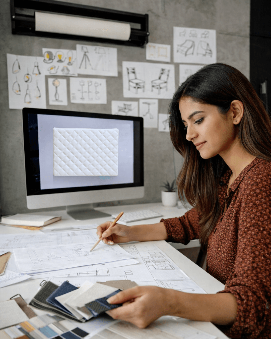 Designer selecting fabrics